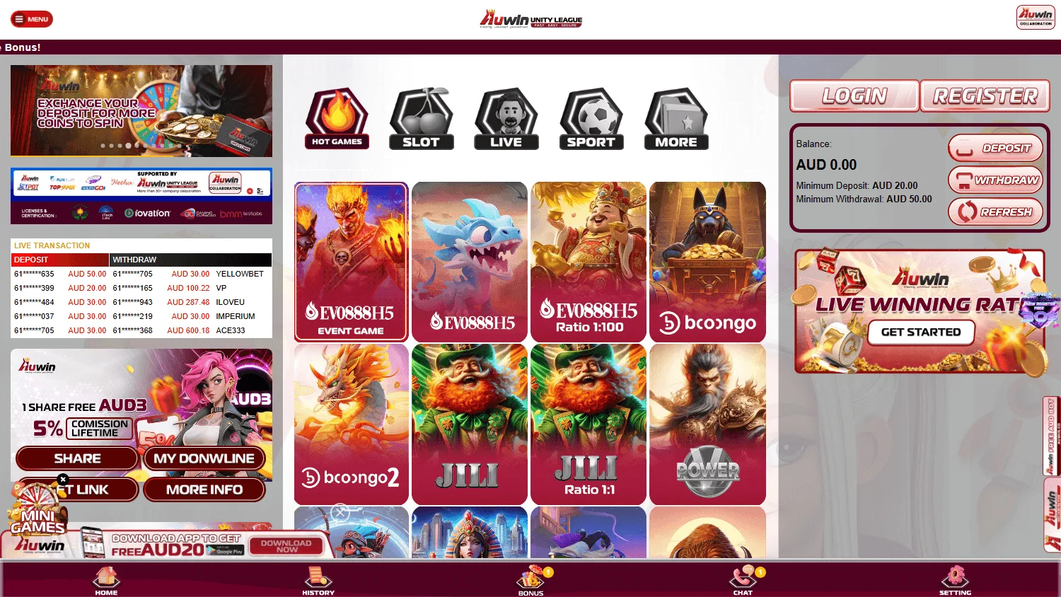 Auwin Casino desktop home screen with the AUD casino offering
