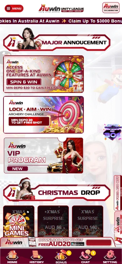 Auwin Casino mobile promotions screen with rewards and bonus offers