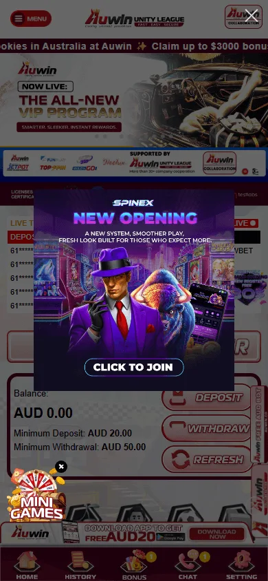 Auwin Casino mobile home screen for smartphone casino play