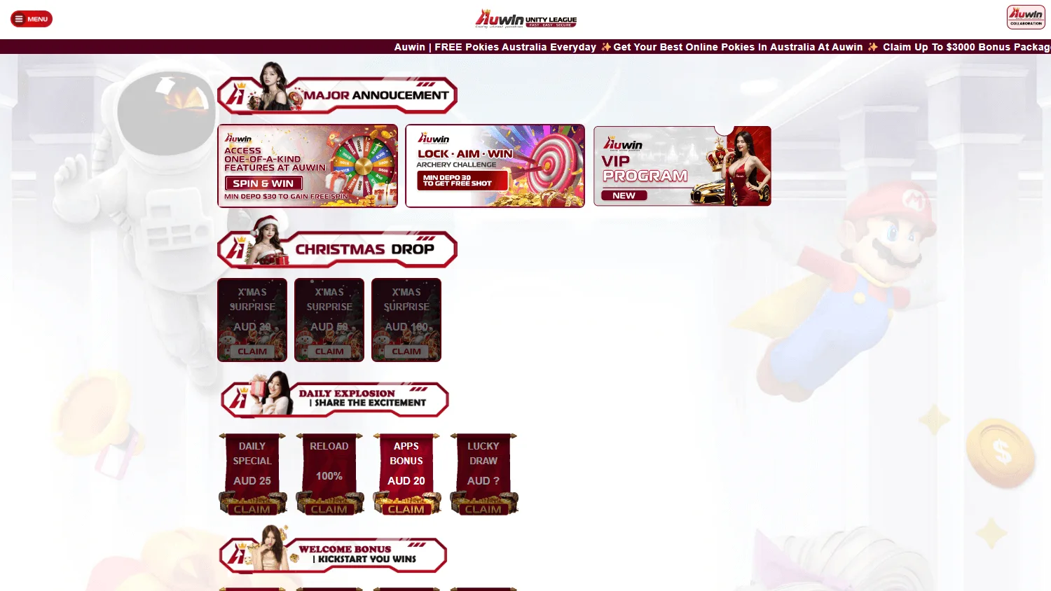 Auwin Casino desktop promotions screen with bonus and cashback offers